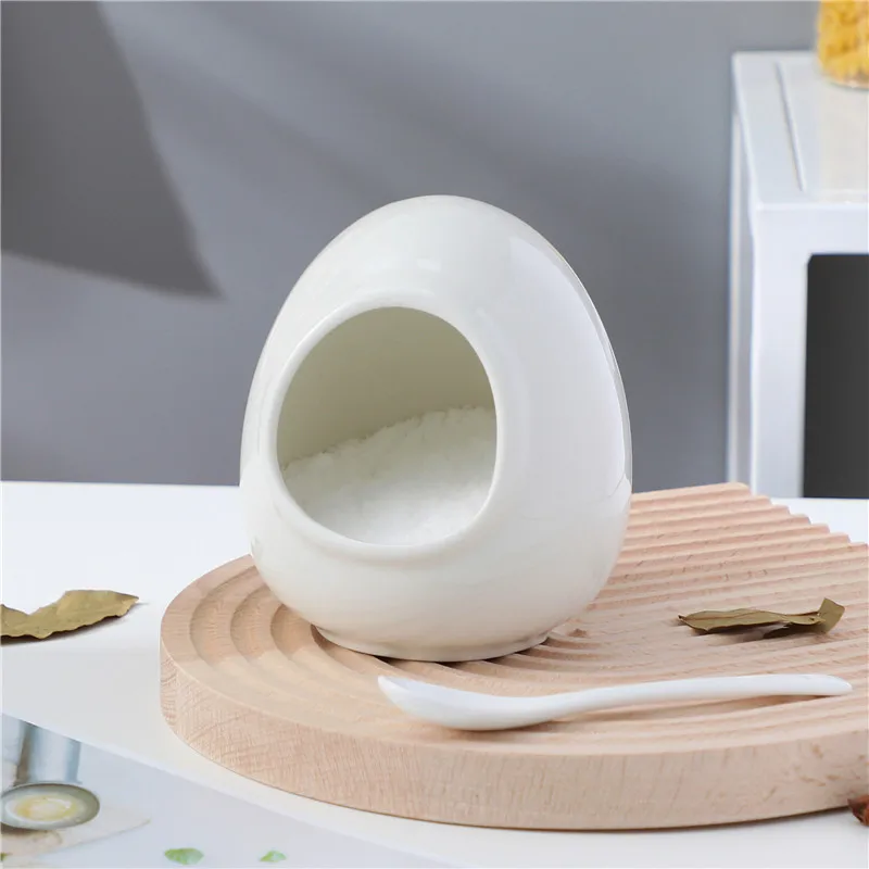Egg Shape Food Grade Ceramic Salt Pig with Spoon Salt Cellar Storage Container for Kitchen Countertop Salt Seasoner