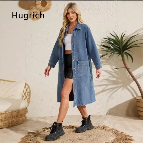 Women's Long Denim Jacket Loose Fit Button Front Collared Trench Coat With Pockets Casual Daily Outerwear For Street And Weekend
