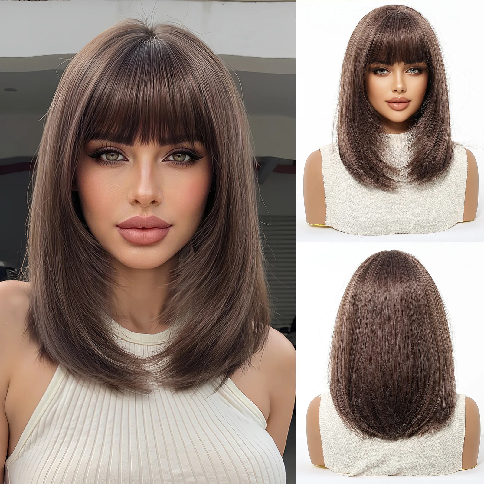 European American Fashion Women Short Straight Clavicle Hair Wig, Easy To Style Full Head Wig