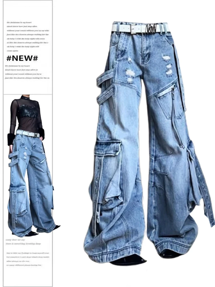 Women Blue Y2k Cargo Jeans Harajuku Oversize Ripped Denim Trousers Japanese 2000s Style Baggy Jean Pants Trashy Vintage Clothes