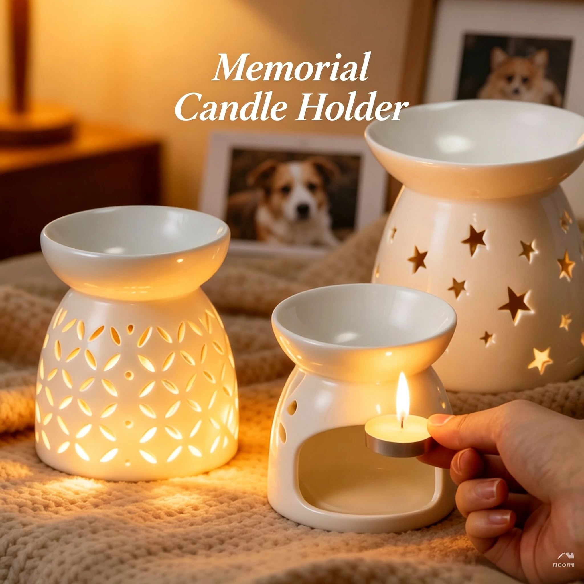 C4 Hollow Out Ceramic Wax Melt Burner Pet Memorial Candle Holder, Warm Light Remembrance Gift for Beloved Pets