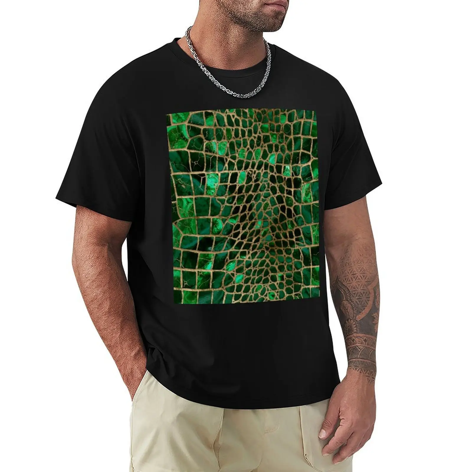 Faux Crocodile texture Malachite and gold T-Shirt Work Wear Short Sleeve T-Shirt