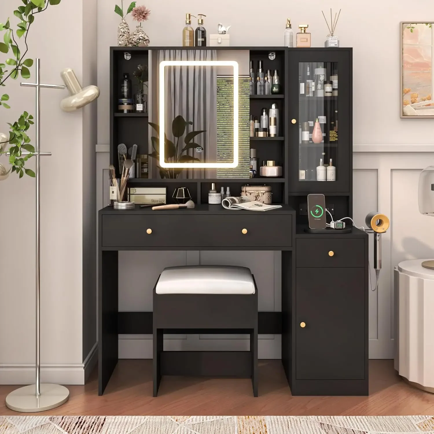 Bureau de courtoisie moderne avec lumières et miroir coulissant, miroir de maquillage, bureau de courtoisie avec station de charge, 2 portes de proximité, rangement pour mitiStorage