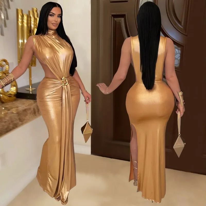 Leosoxs Women Gilding Sleeveless Cutout Bodycon Maxi Long Dress 2025 Summer Beach Vacation Party Birthday Sexy Dresses