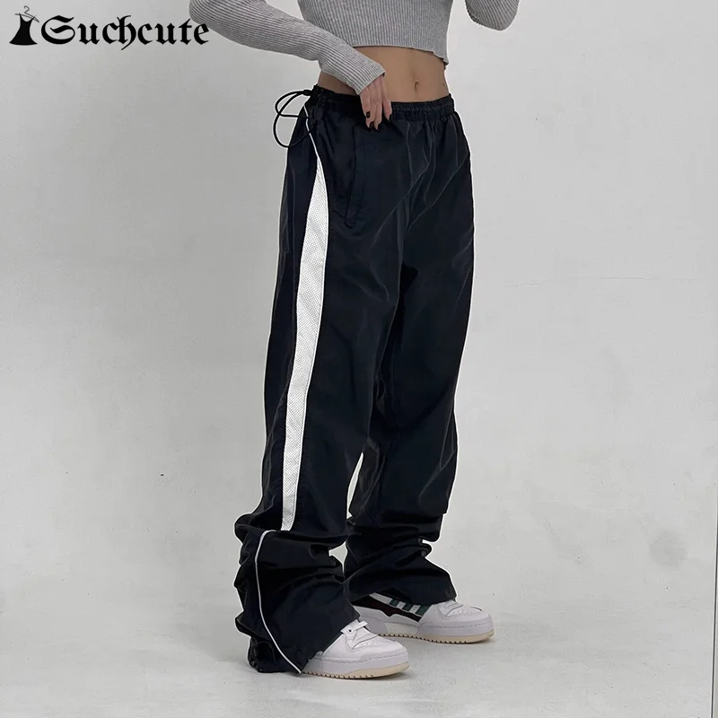 

SUCHCUTE Contrast Color Loose Drawstring Trouser Sporty Hip Hop Casual Joggers Baggy Wide Leg Sweatpant Women Fashion Streetwear