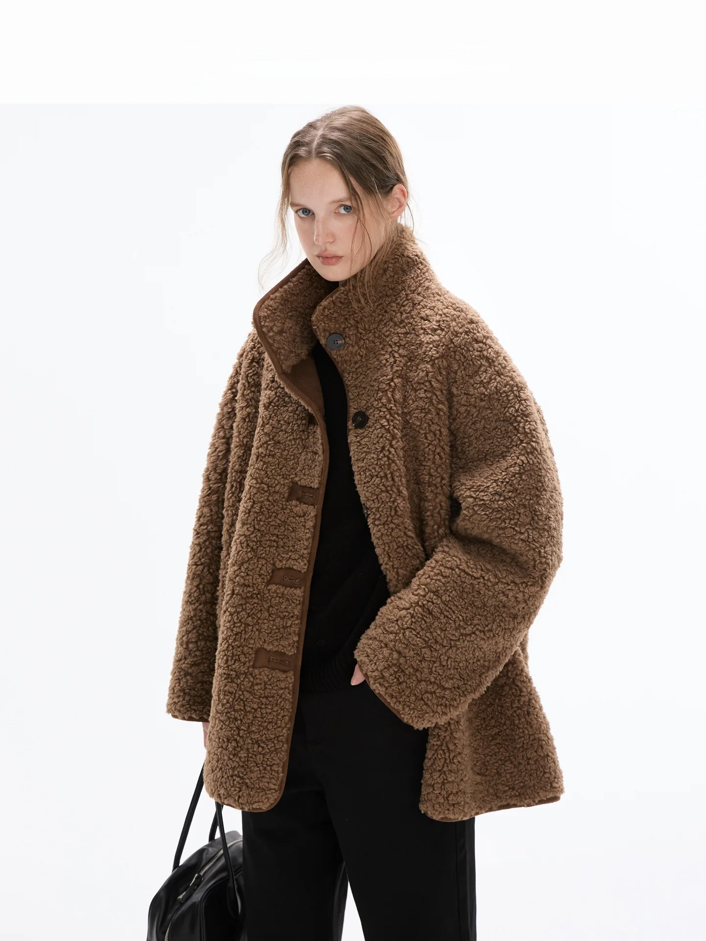 

Warm Comfortable Stand Collar eepskin Coat Countonme Furry Outerwear Youth Casual Long Sve Polyester Wool Blend