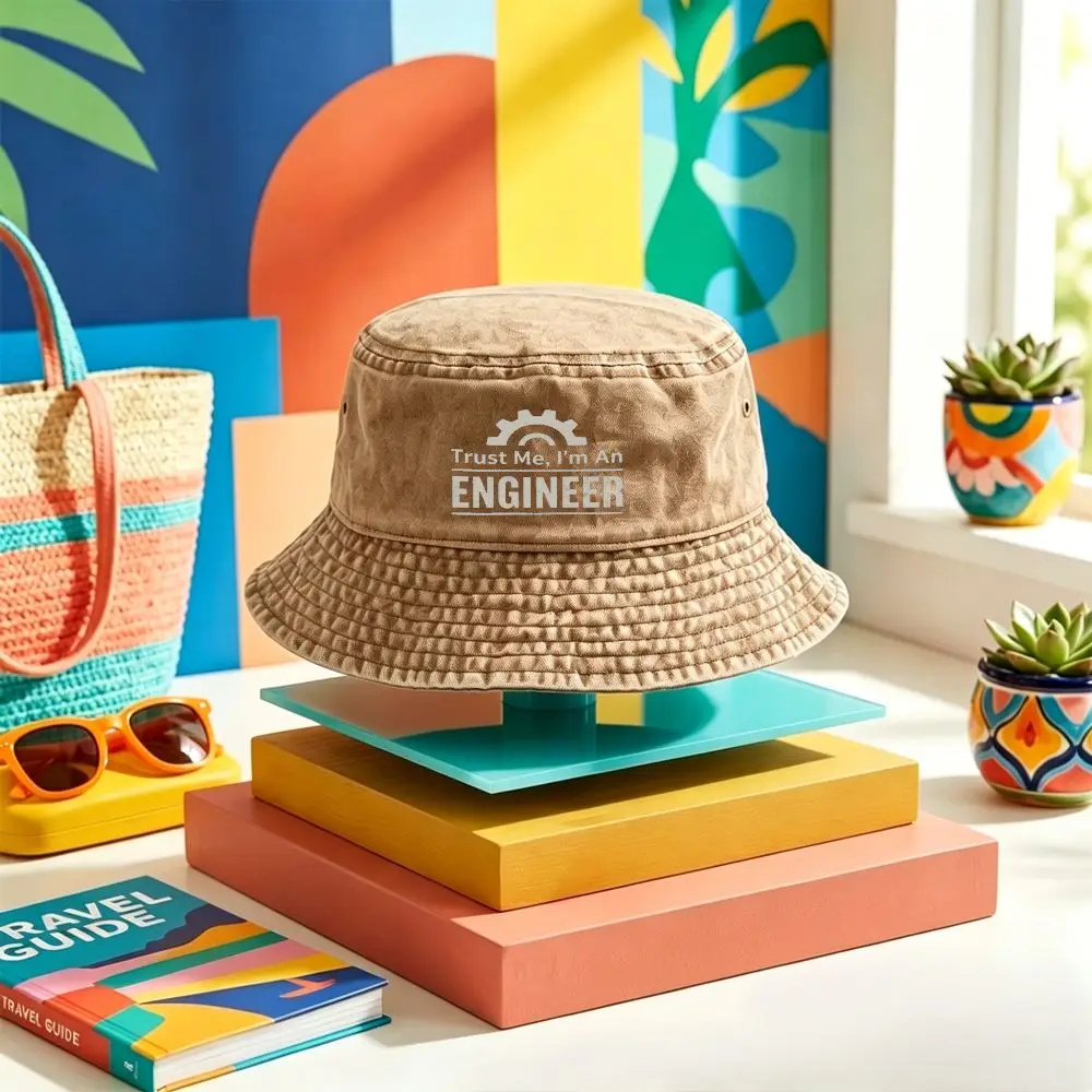 1pc Vintage Washed Bucket Hat with Trust Me I'M an Engineer Print for Unisex Summer Travel Beach Festival Party