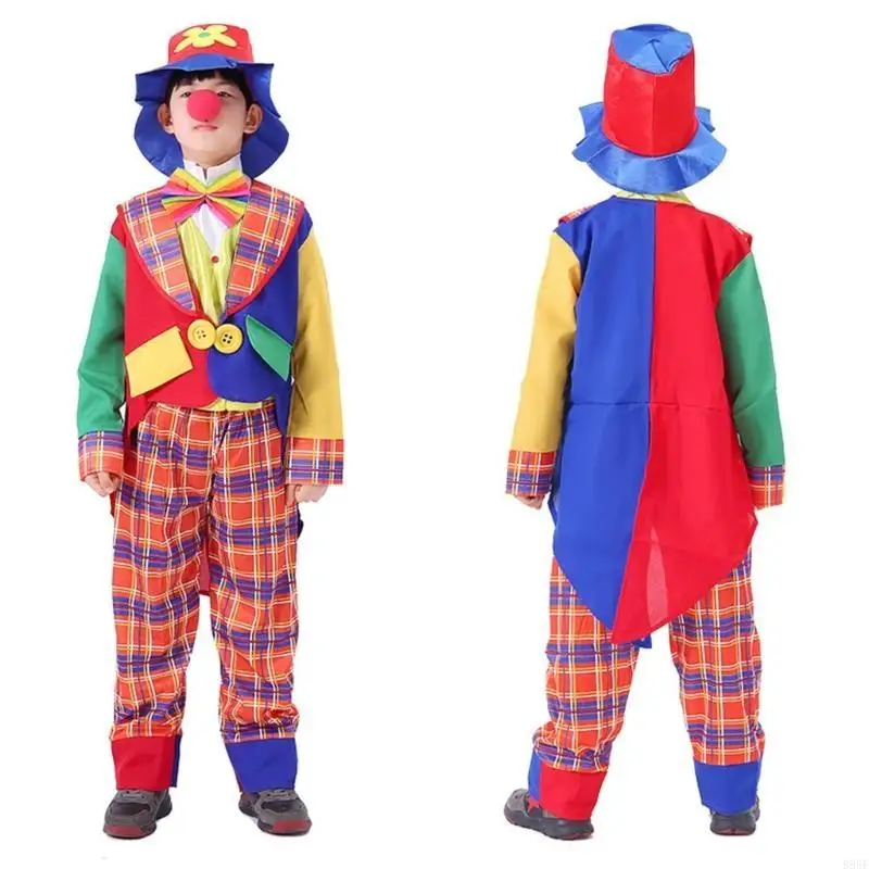 Disfraz payaso Halloween B95F con abrigo, pantalones, zapatos payaso, sombrero payaso