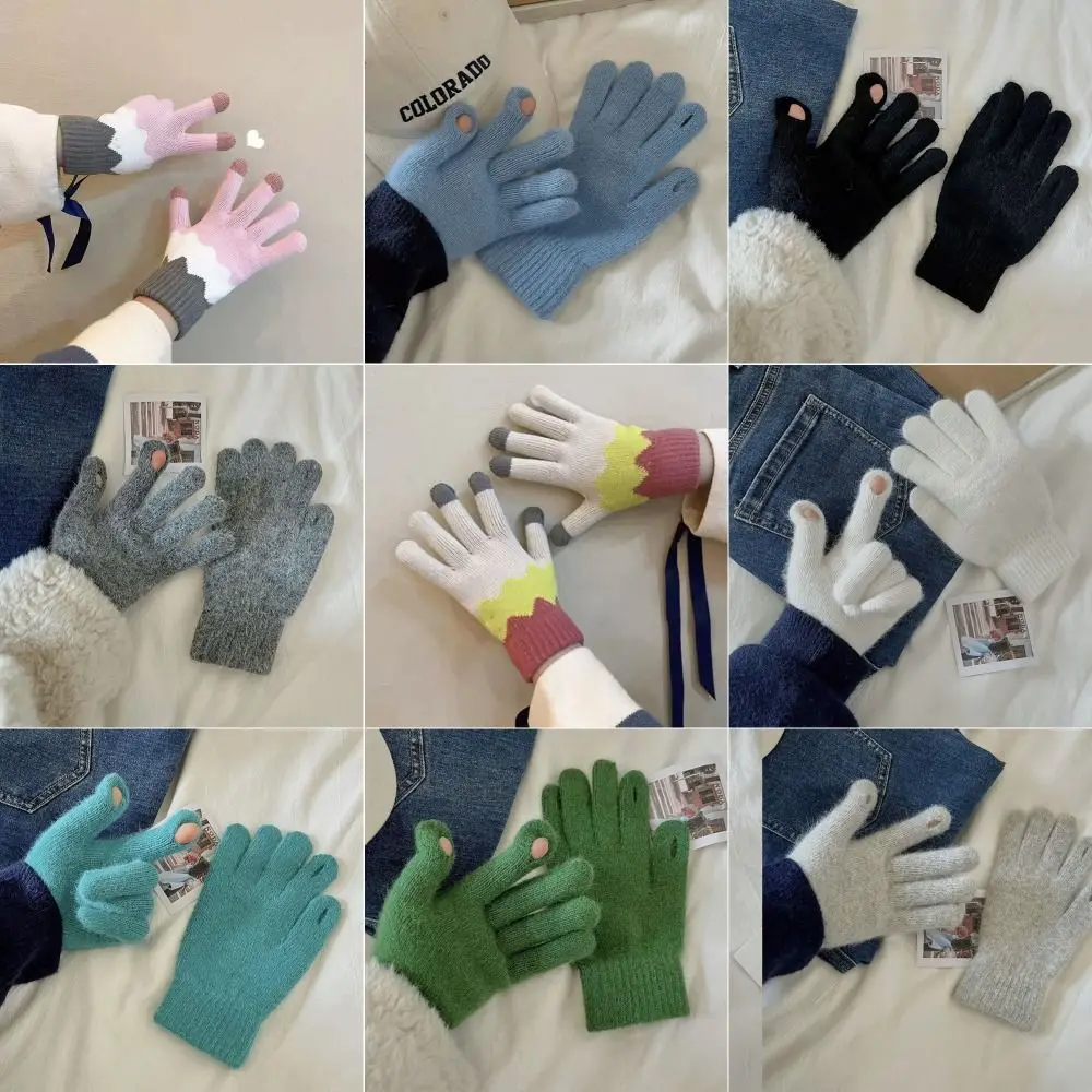 جميل شاشة تعمل باللمس قفازات محبوكة شتاء دافئ INS نمط الشتاء قفازات مخملية الحلوى الملونة قفازات الاصبع للمرأة الفتيات البكر