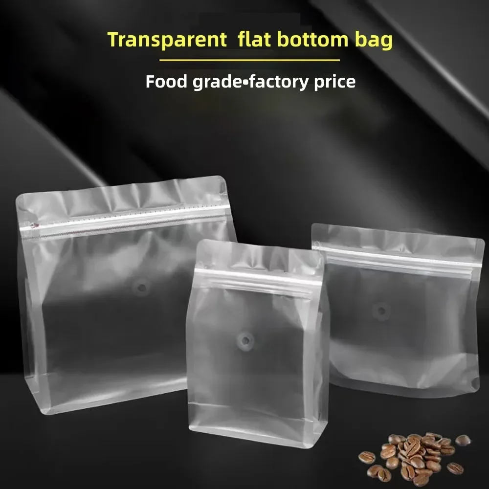 50pcs Wholesale Transparent Coffee Powder Flat Bottom Packaging Pouches with One Way Valve Coffee Tea Nuts Mylar Clear Bags