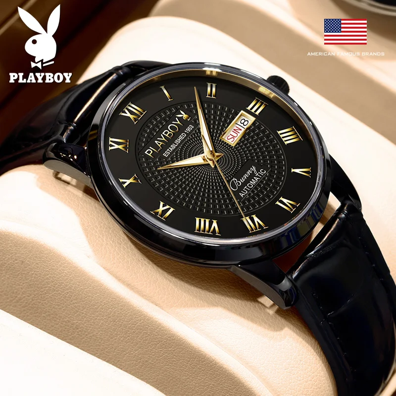 PLAYBOY 2605 Simple Imported Mechanical Movement Watch 30m Waterpoof Leather Strap Week Date Display Calendar Watch For Men