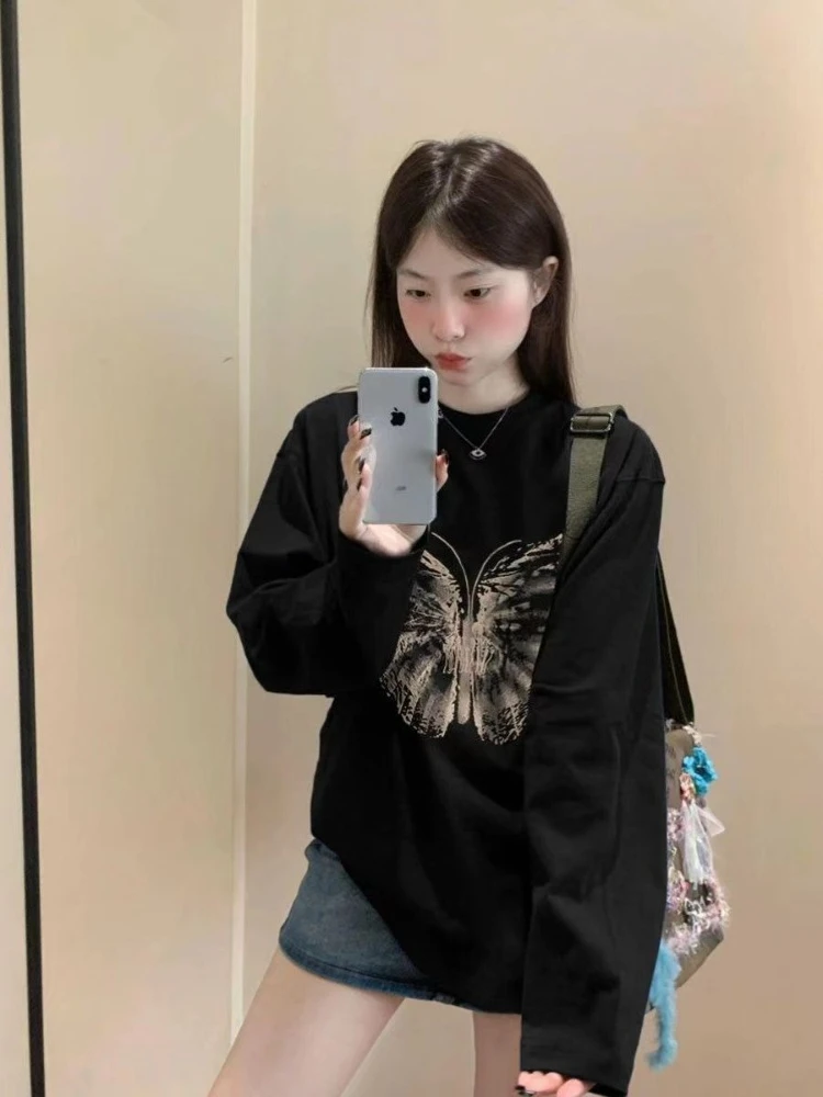 Women's Loose Long Sleeve Tee 100% Cotton Retro Print Casual Basic Top For Spring Autumn Fashion Trendy Comfy Wear