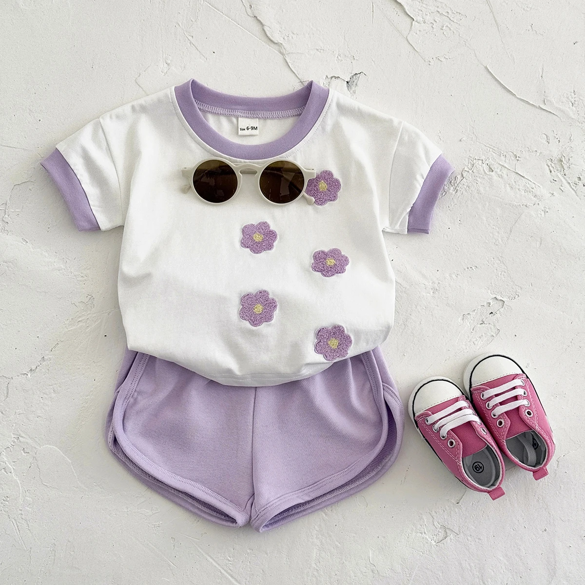 2Pcs Set Summer Toddler Girls Purple Flower Short Sleeve Top+Shorts Set Baby Girls Outfits Sets Kids Stitching Clothes