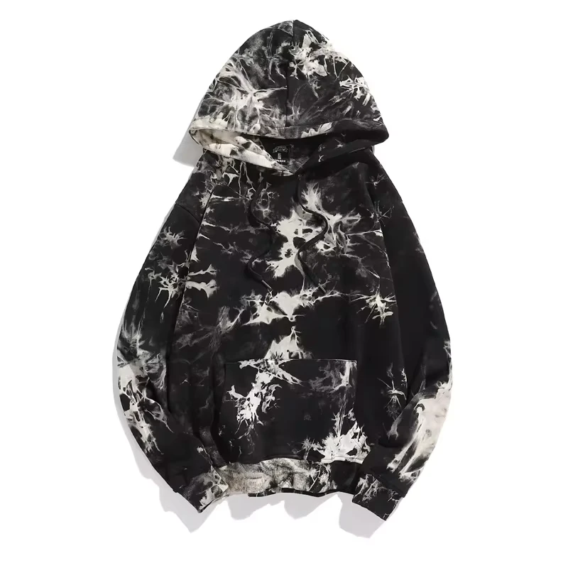 Dark Tie Dye Graphic Hoodie Men Oversized Cotton High Street Hop Y2K Streetwear Hooded Sweatshirt Pullover Grunge Aesthetic