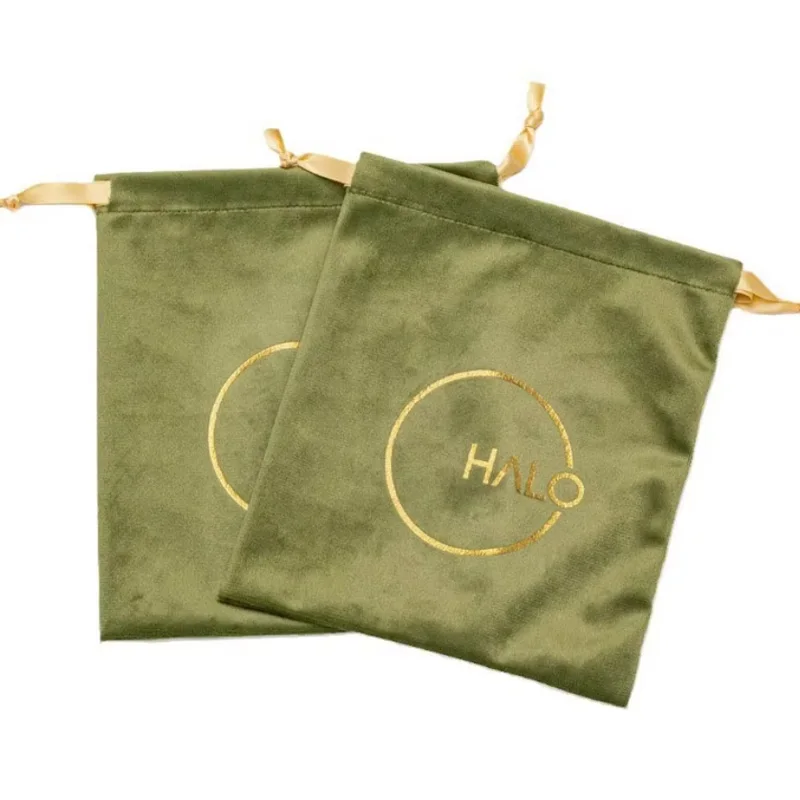 セージグリーンベルベット巾着ギフトバッグ - カスタムロゴ入り化粧品メイクポーチ、ジュエリー、手工芸品、香水用ダストバッグ