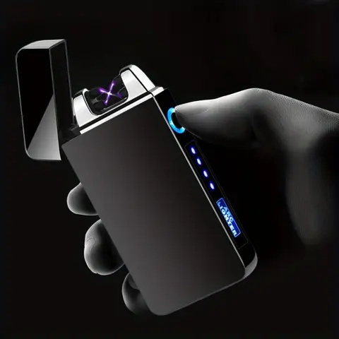 Windproof Dual Arc Plasma Lighter Metal Electric USB Rechargeable Flameless Lighter LED Power Display Portable Candles Camping