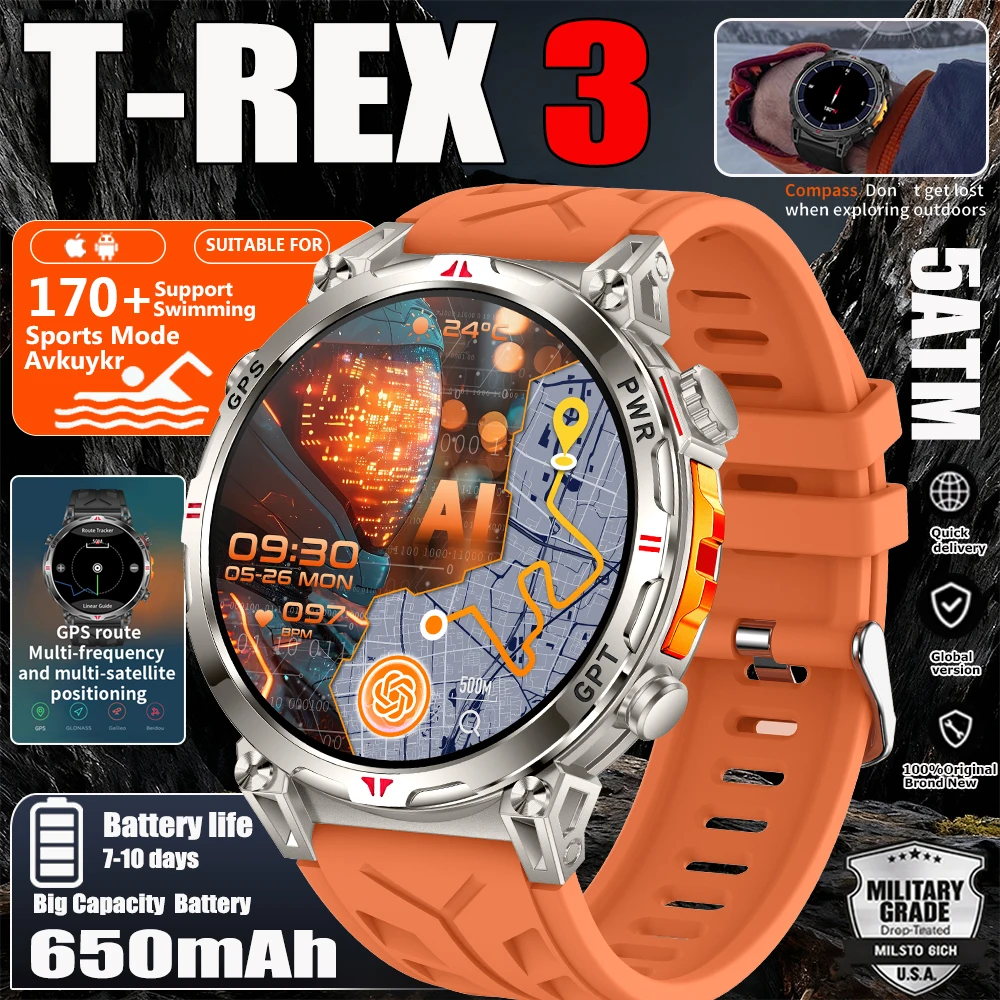 

2025 New Military T-Rex3 GPS Smart Watch 5ATM Waterproof 650mAh Battery Heart Rate Compass AIGPT Sport Smartwatch Men