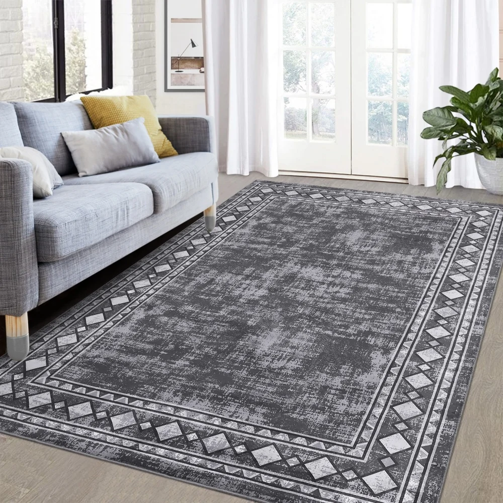 

Bordered Area Rug Distressed Geometric Rug Soft Washable Floor Carpet, Low Pile Non Slip Rug Decorative Accent Rug for Bedroom