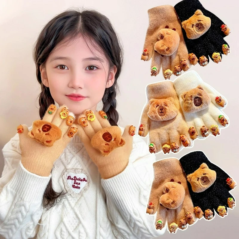 Children Adorable Gloves Cute Bear Decor Knitted Fluffy Bear Fingerless Gloves Warm Winter Gloves for Women Girls Kawaii Gifts
