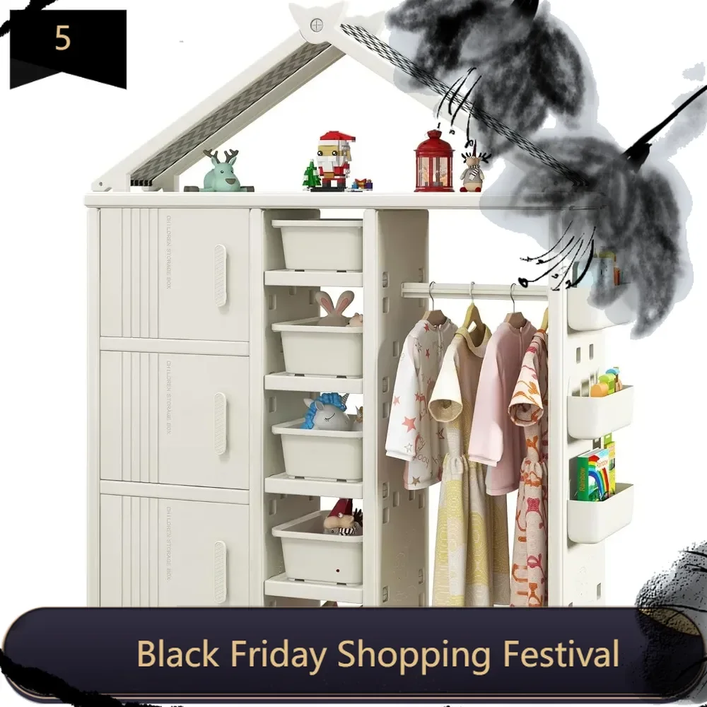 Kids Costume Storage Closet, Children Pretend Dresser Wardrobe, Open Hanging Armoire Closet with Storage Bins, Shelves