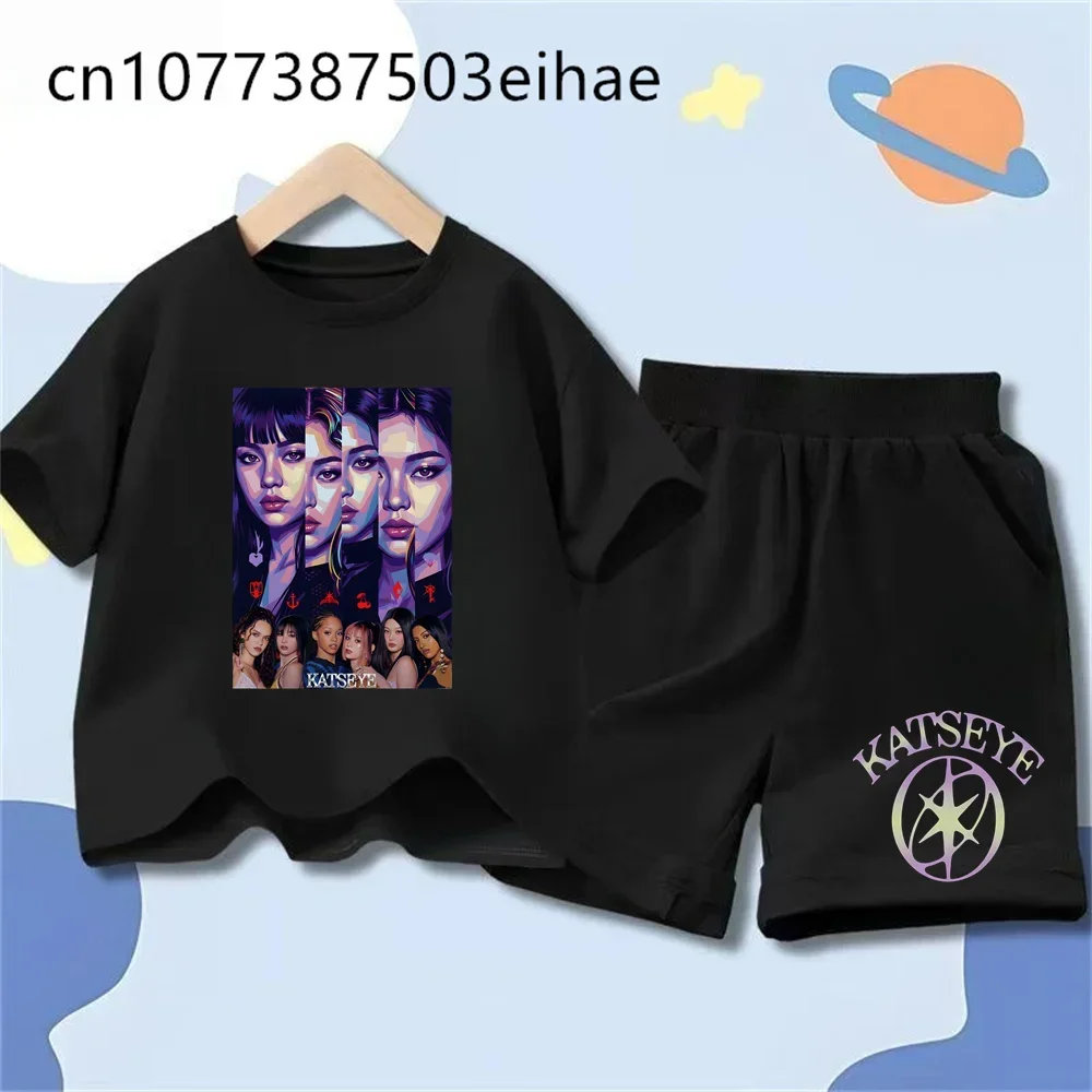 Girls Katseye Girl Group Print Short Sleeve T Shirt Summer Casual Life Style Top Shorts Kids Fashion Daily Matching Clothing