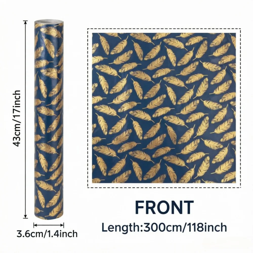 Großformatiges Geschenkpapier auf Rolle, schickes Geschenkpapier mit marineblauem und goldenem Federmuster, 17 Zoll * 118 Zoll pro Rolle – Detail 6
