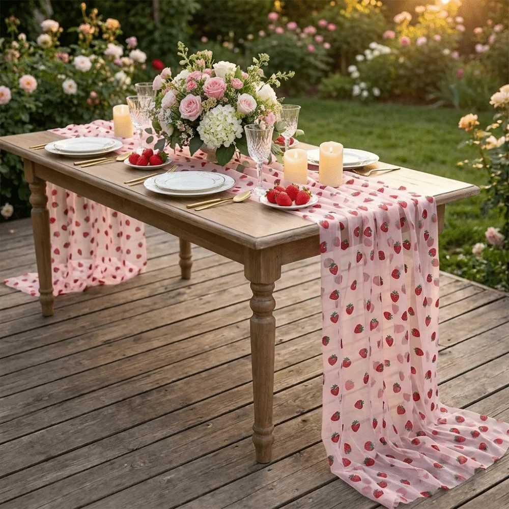 Tulle Fabric Strawberry Mesh Table Runner Polyester Princess Style Gauze Tablecloth Sweet Glitter Wedding Table Runner Wedding