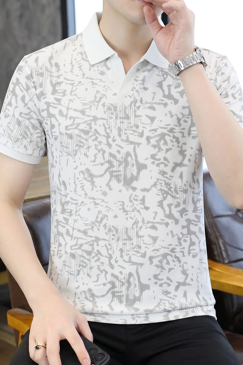 2026 Summer Men's Silk Short-Sleeved Polo Shirt Loose-Fitting Casual Youth T-Shirt with Jacquard Pattern