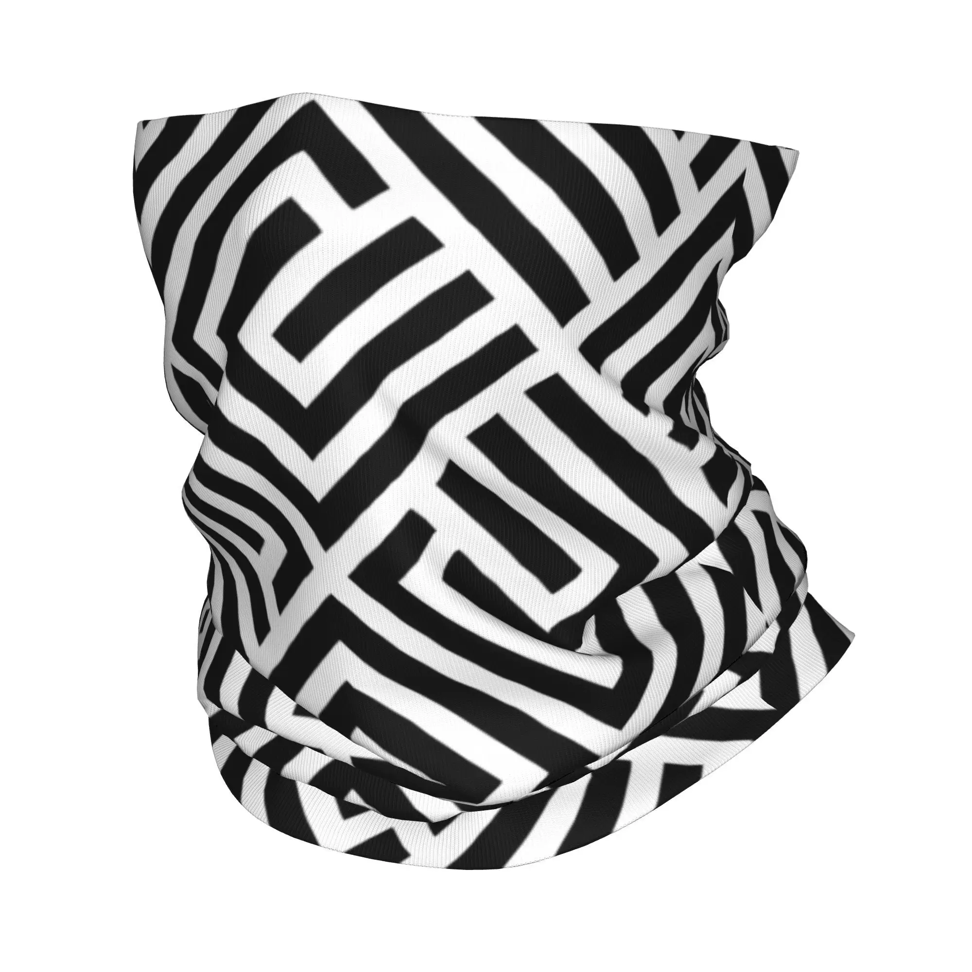 Custom Labyrinth Tiles Black And White  Winter Headband Neck Warmer  SkiTube Scarf Abstract Line Art Face Bandana Gaiter