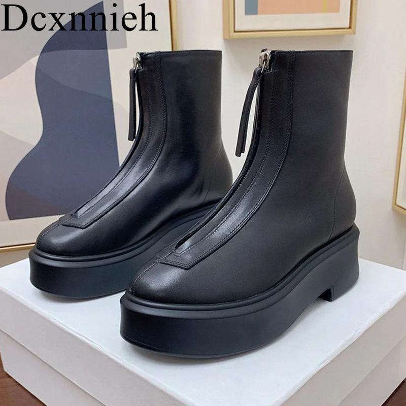 

Women Genuine Leather Chelsea Boots Flat Thick Sole Front Zipper Design Ankle Botas Autumn British Style Platform Short Boots