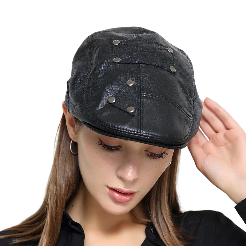 Sheepskin hat female cap autumn and winter versatile fashion British beret genuine leather forward hat Korean duckbill hat
