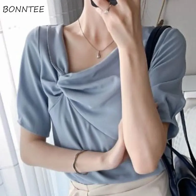 Short Sleeve Blouses Women V-neck Folds Ladies Creativity Temperament Simple All-match Leisure Comfortable Summer Korean Style