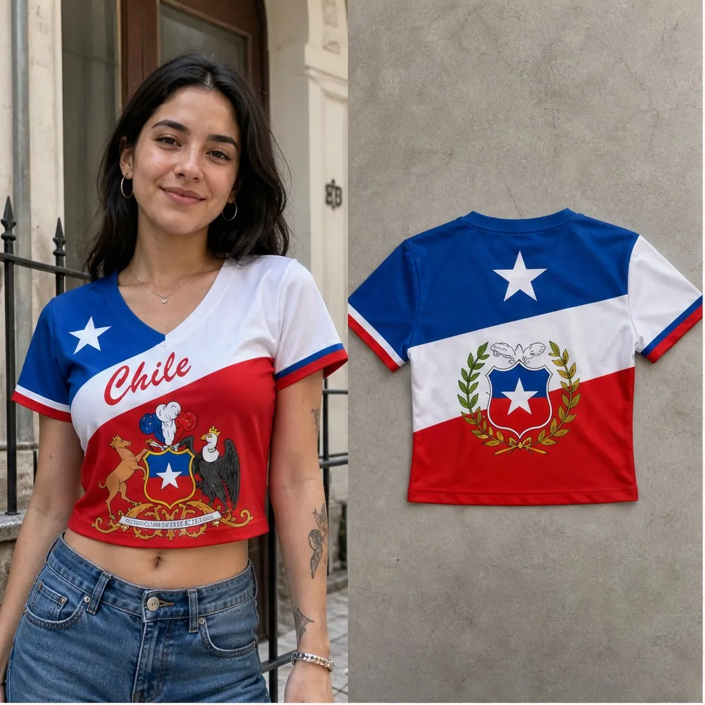 Women Chile V Neck Crop Top Script Crest Deer Eagle Print Short Sleeve Summer Casual Streetwear Fashion Tee for Street Looks Fit