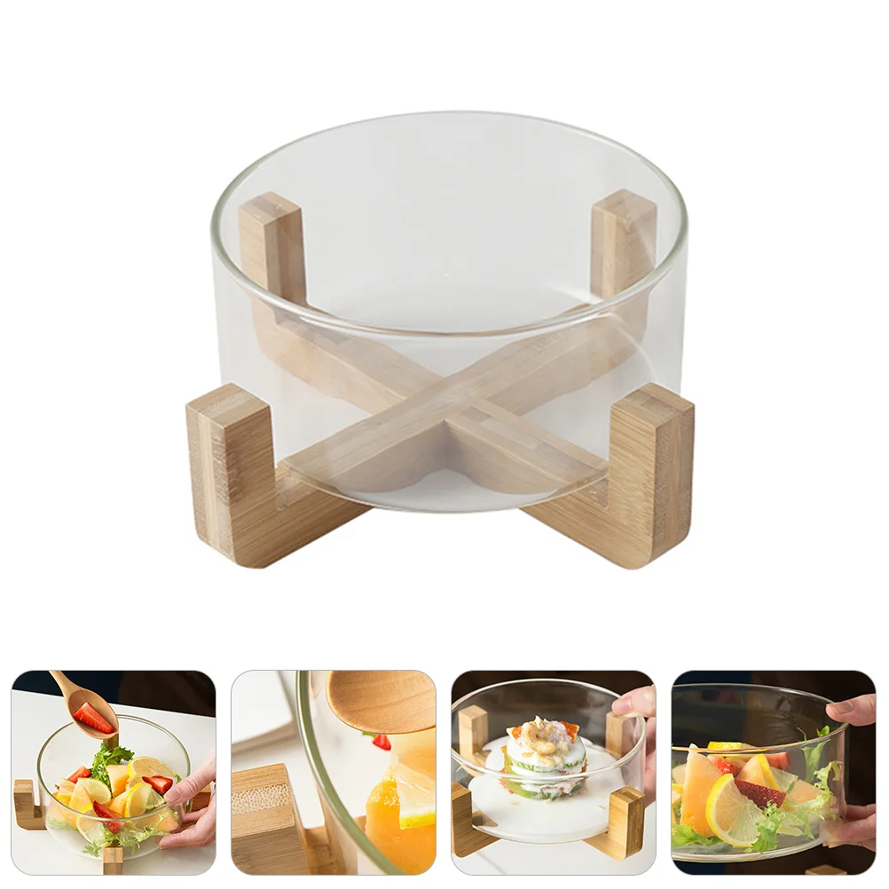 

Fruit Salad Bowl Food Glass Mixing Serving Nordic Wooden Base Kitchen Home Noodle