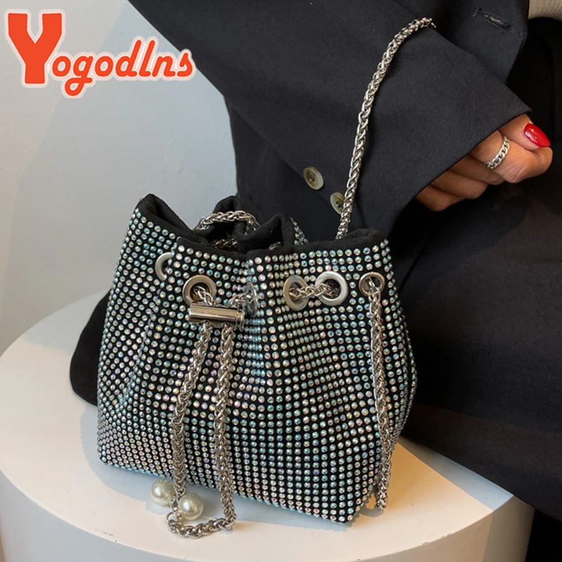 Yogodlns Fashion Rhinestones Shoulder Bag Women Drawstring Bucket Crossbody Bag Luxury Crossbody Bag Fashion Lady Handbag sac