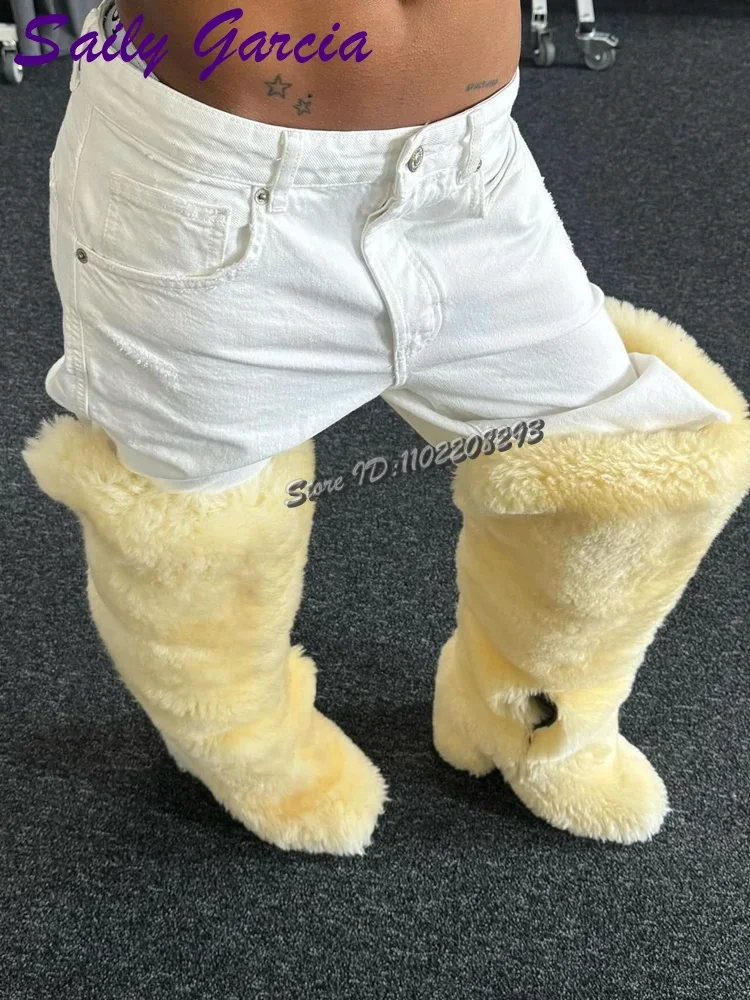 Cream Yellow Faux Fur Knee High Boots Round Toe Platform Warm Winter Pull On Snow Boots 2026 New Fashion Street Women Shoes