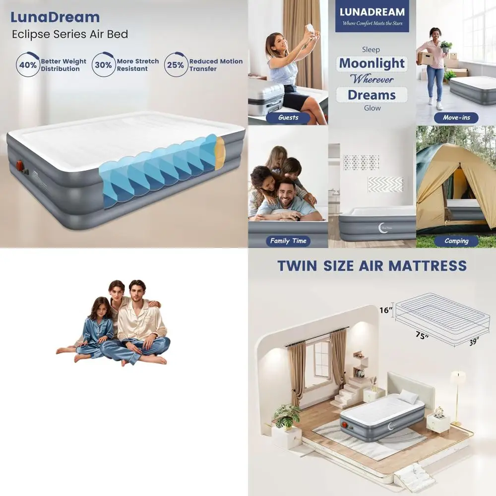 

Dual Air Mattress with USB Rechargeable Pump, Wireless Inflatable Bed, Durable Leakproof, Portable for Indoor and Outdoor Use