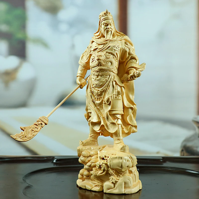 20cm Standing Guanyu Wood Statue Chinese Boxwood Feng Shui Collection Wealth God Guan Gong Home Decor