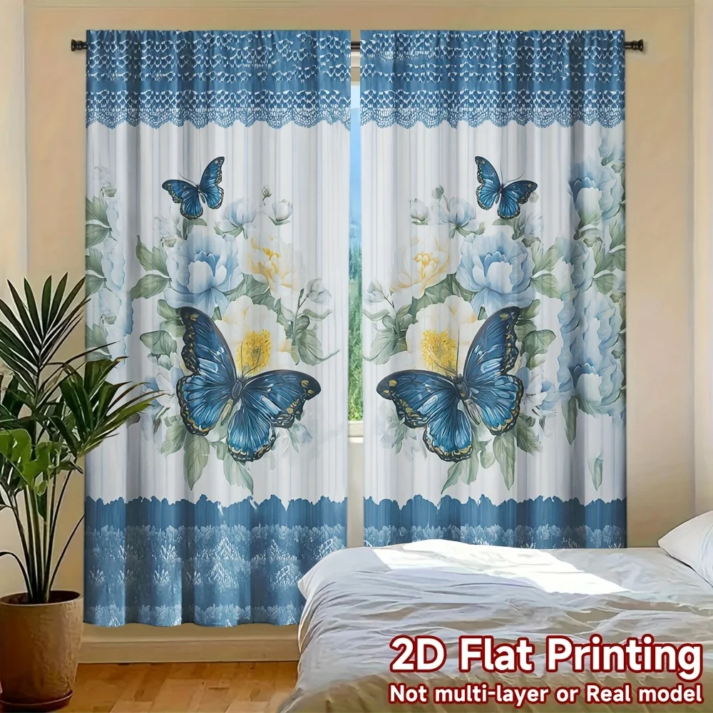 Blue Butterfly Floral Curtains Polyester Window Drapes Boho Cottage Chic Aesthetic Sleeper Curtains for Living Room Bedroom Home