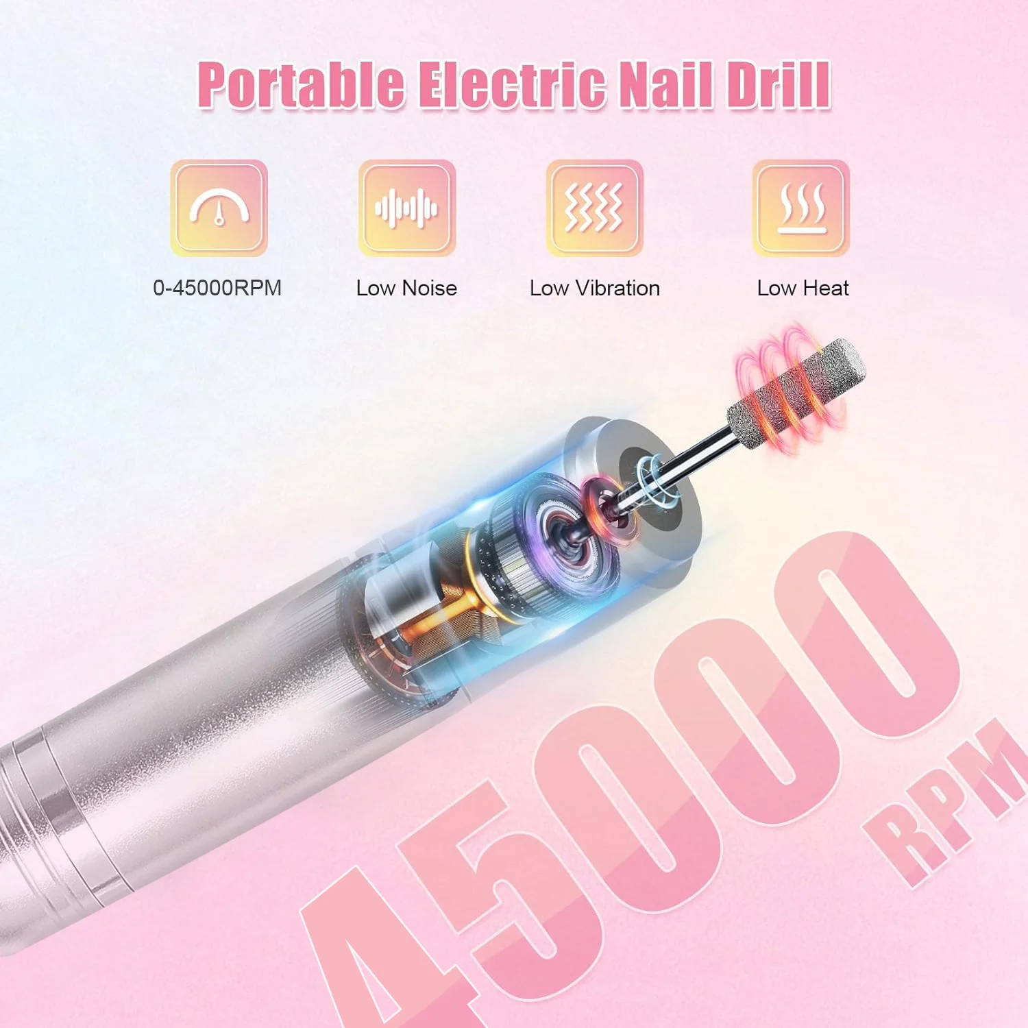 High Speed 45000RPM Rechargeable Nail Drill Machine with LCD Low Noise Professional Nail Polish Sander Nails Accessories Set