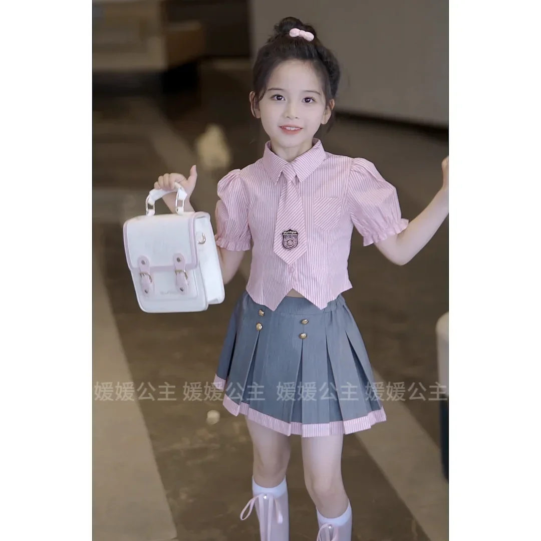 summer baby girls clothes skirt suit Pink striped shirt+Pleated skirt 2pcs 3-14 teen kids girl JK clothes sets childer outfits