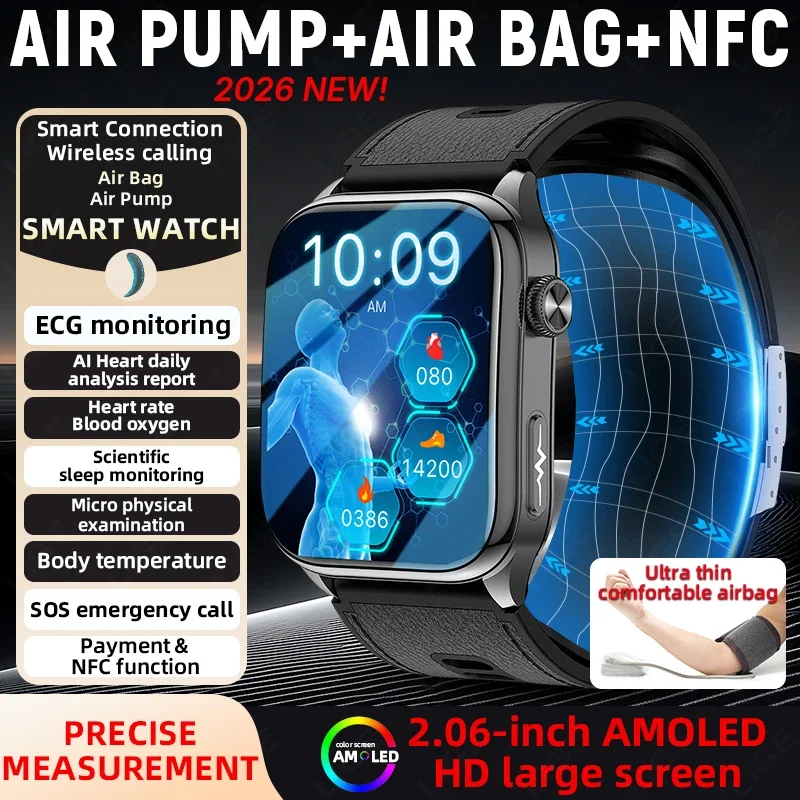 New Airbag Air Pump Blood Pressure Monitor Men Smart Watch ECG+PPG Blood Fat Uric Acid Heart Rate Temp Health Smart Watches NFC