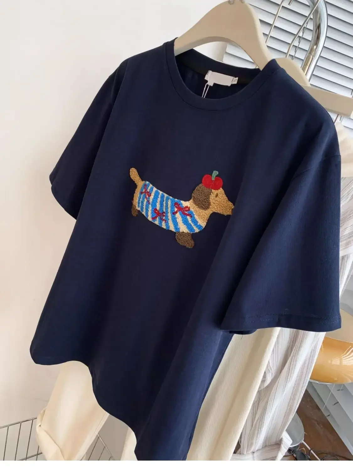 Summer Cute Dog Embroidered Round Neck Loose Cotton Short Sleeve T-shirt Top for Women