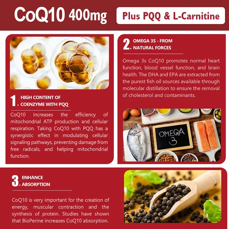 Ubiquinol CoQ10 400mg, with Omega-3 & L-Carnitine & PQQ, Coenzyme-Q10 Capsules, for Antioxidant, Heart, Brain & Cellular Energy