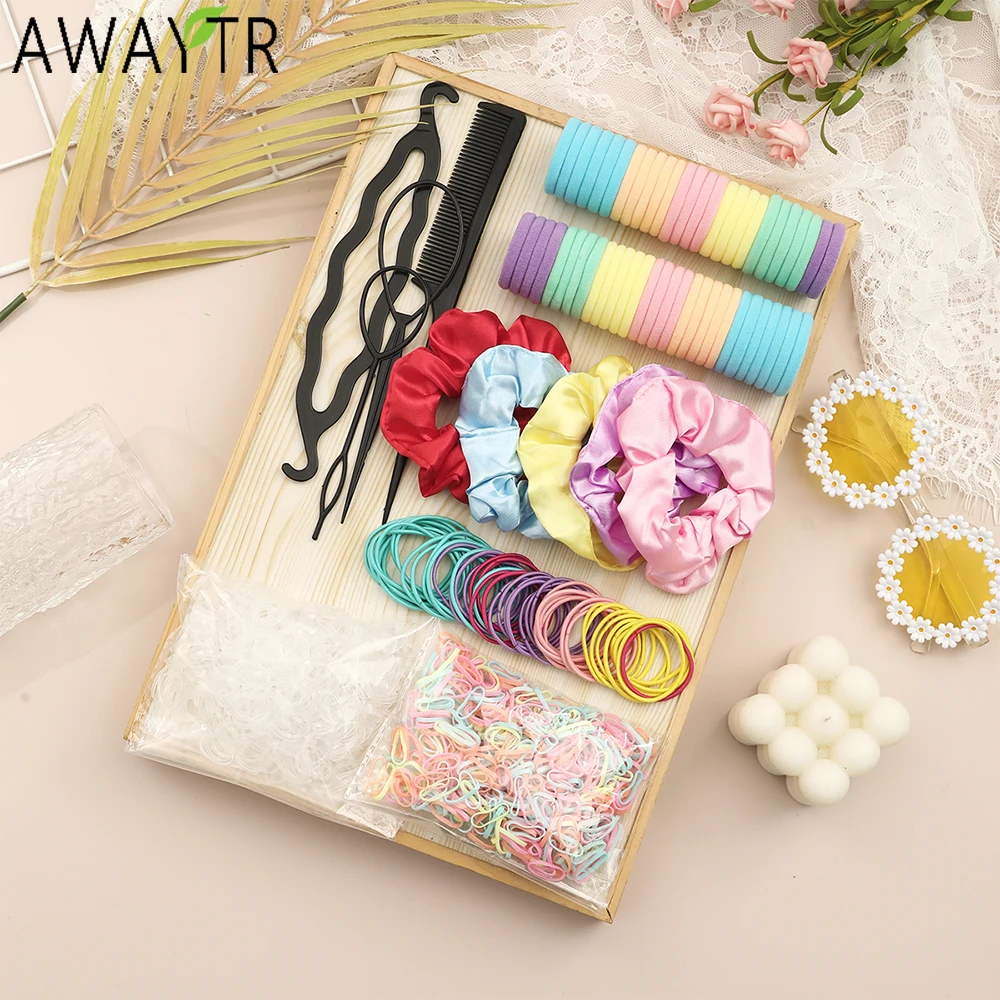 

AWAYTR 1109pcs Colorful Hair Accessories Set Satin Elastic Seamless Ponytail Scrunchies Small Rubber Bands Hair Ties Headbands