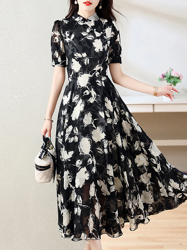 Imagem -02 - Vestido Maxi Floral Preto de Chiffon Feminino Bodycon Casual Coreano Vintage Elegante Festa Luxo Noite Midi Verão 2023