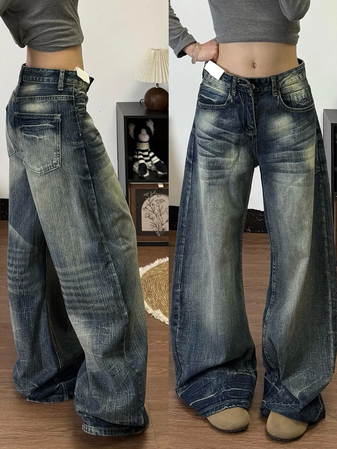 

Мужские джинсы в стиле ретро, американские, темно-синие, осенне-зимние, свободные, прямые, с расклешением, с высокой талией, из выстиранного денима