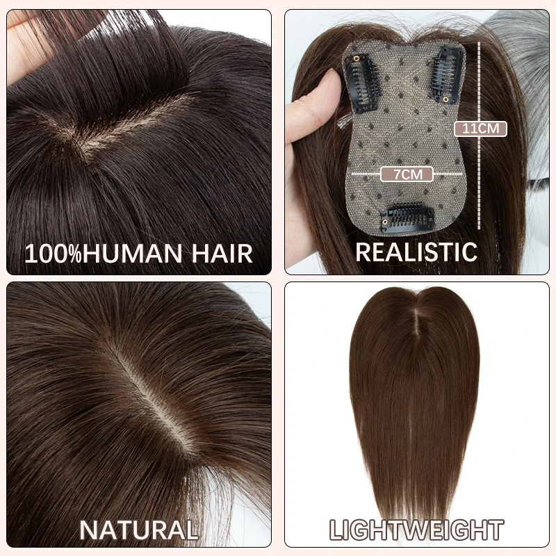 7x11cm Top Quality Human Hair Toppers For Women Silk Base Weightless Natural Toppers Cover Wide Hairpart/Grey Hair Black Brown Breathable Daily Use