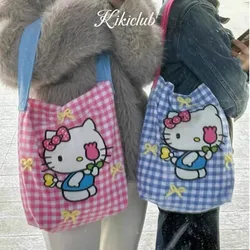 2024 Kawaii Cute Sanrio Hellokitty Bag Canvas Shoulder Bag Large Capacity Plaid Handbag Underarm Bag Ins Gifts Girlfriend Gifts