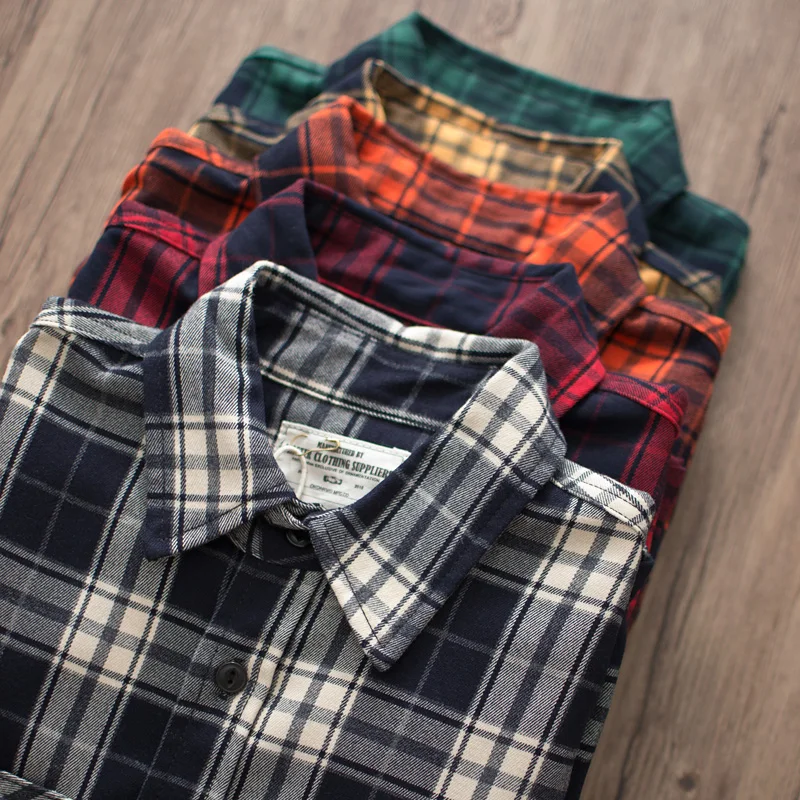 Autumn New American Retro 300g Heavyweight Long-Sleeve Lapel Plaid Cargo Shirt Men's Simple Washed Double Pocket Casual Blouses